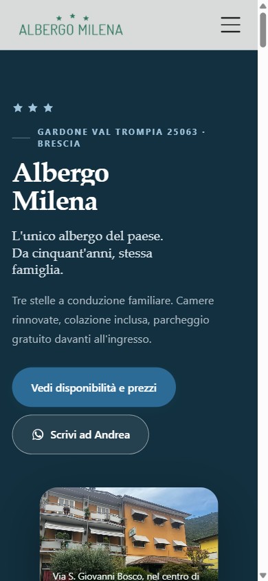 Home page del sito Albergo Milena, hotel a tre stelle a Gardone Val Trompia