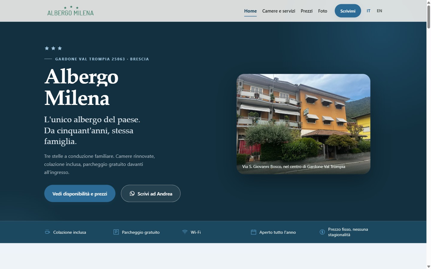 Home page del sito Albergo Milena, hotel a tre stelle a Gardone Val Trompia