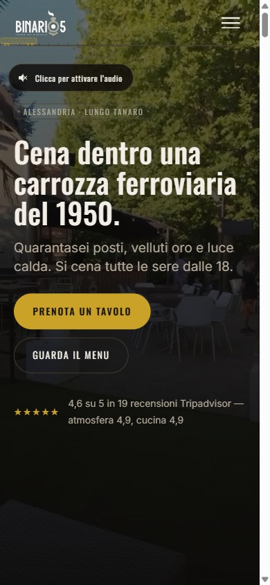Home page del sito Binario 5, ristorante dentro una carrozza ferroviaria del 1950 ad Alessandria