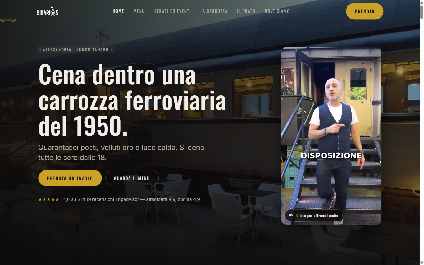 Home page del sito Binario 5, ristorante dentro una carrozza ferroviaria del 1950 ad Alessandria