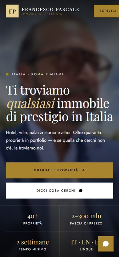 Home page del sito Francesco Pascale, immobili di prestigio tra Roma e Miami
