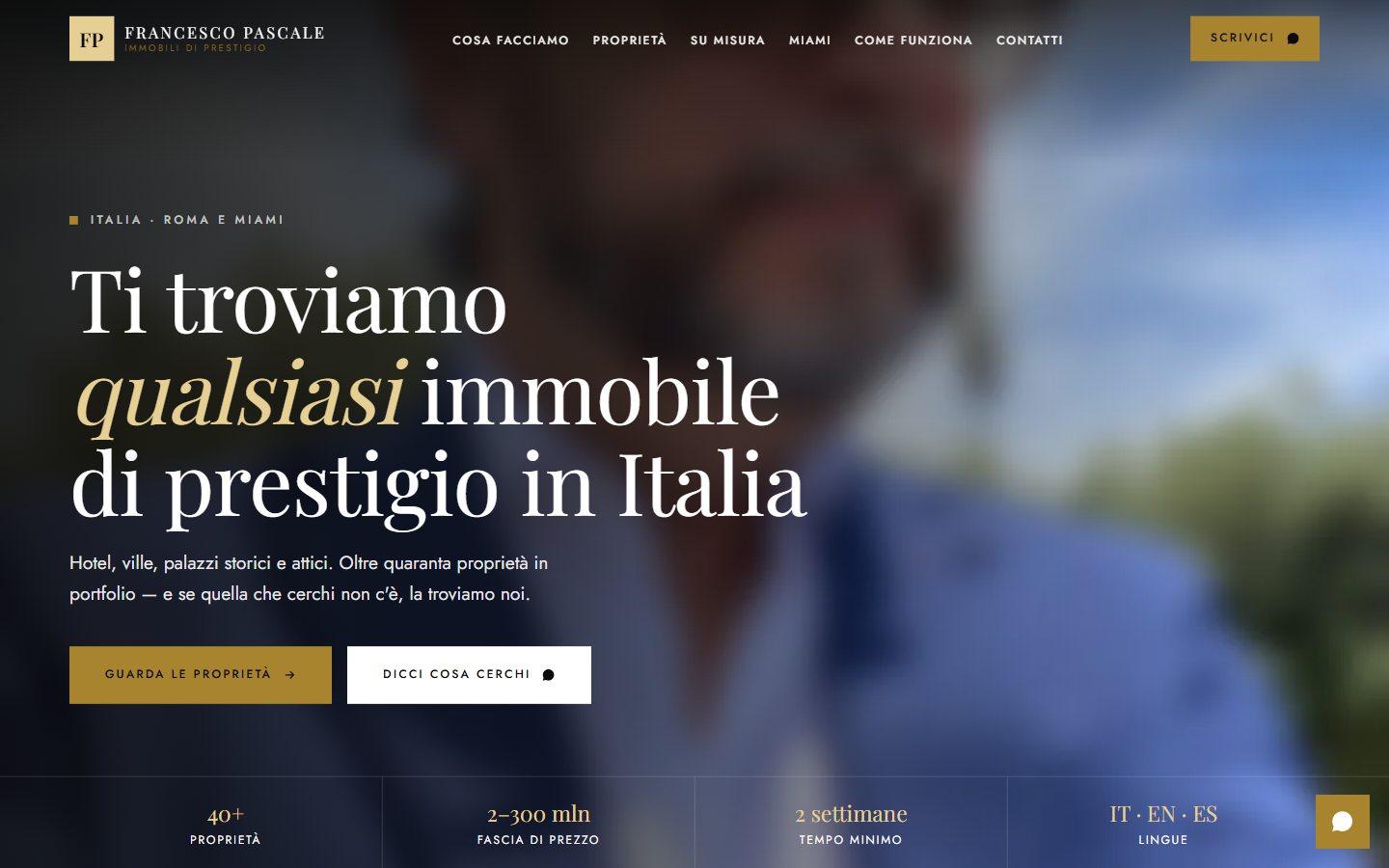 Home page del sito Francesco Pascale, immobili di prestigio tra Roma e Miami