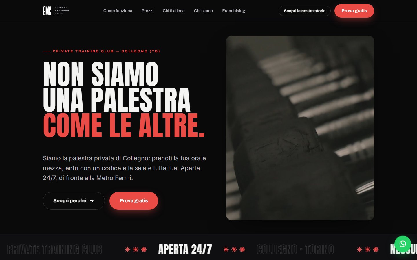 Home page del sito GMC Private Training Club, palestra privata a Collegno