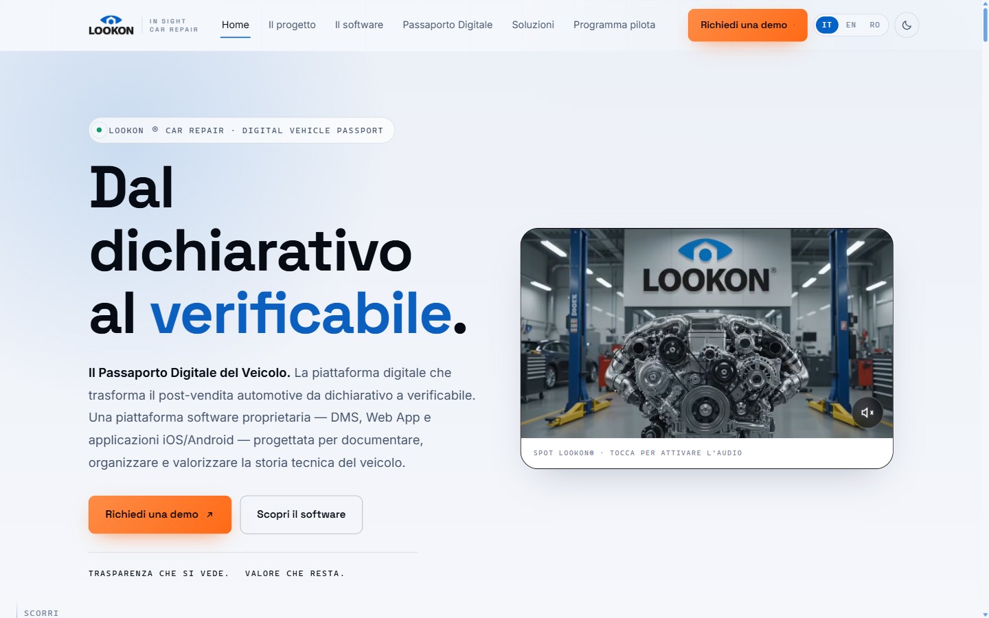 Home page del sito LOOKON Car Repair, il passaporto digitale del veicolo per le carrozzerie