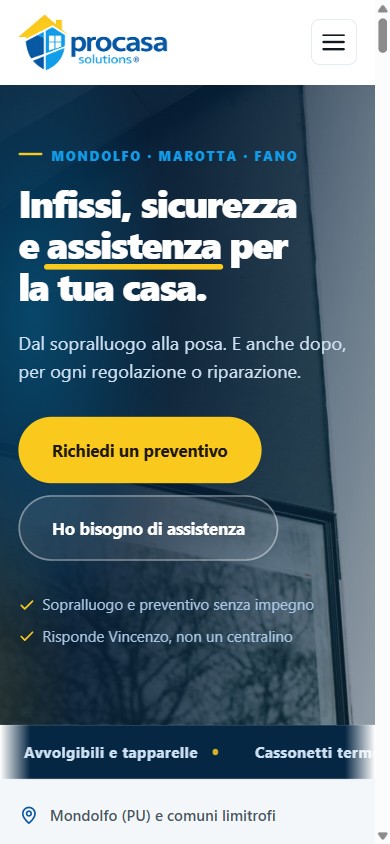 Home page del sito Pro Casa Solutions, infissi, tapparelle e assistenza a Mondolfo
