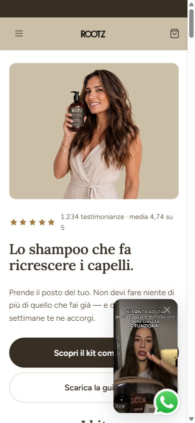 Home page del sito Try Rootz, cosmetica per la crescita dei capelli, negozio online