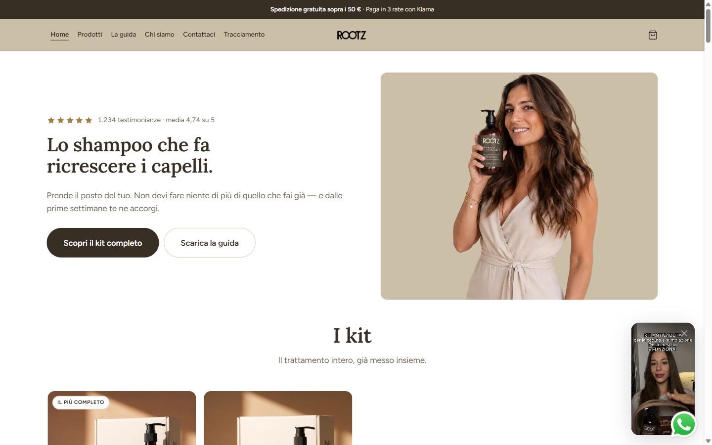 Home page del sito Try Rootz, cosmetica per la crescita dei capelli, negozio online