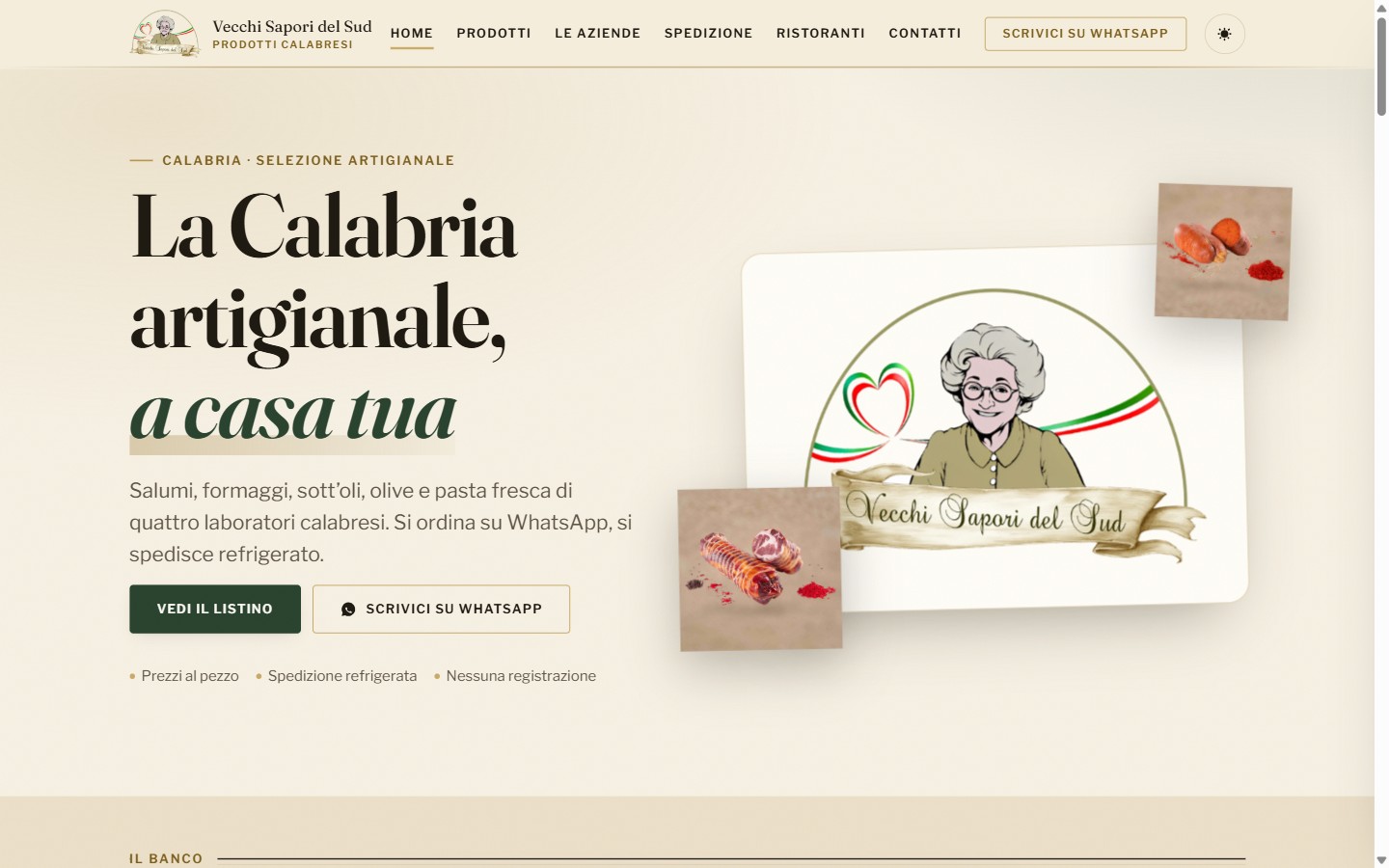 Home page del sito Vecchi Sapori del Sud, prodotti tipici calabresi venduti online